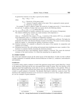 Electron Theory of Metals 165
In general the resistivity of an alloy is given by the relation
ralloy = rMetal + x rl
where
rmetal = Resistivity of the parent metal,
x = Amount of impurity added in the metal. This is expressed in atomic percent
rl = Resistivity of impure metal
For example, if nickel is added to copper, the resistivity of copper goes up by 1.3 micro-ohm-cm
for each atm. % addition of nickel. One can express this by the following relation
rNi–Cu = rCu + x ´ 1.3 (Micro-ohm-cm)
(ii) The electrical resistance of metallic conductors also increases with increase of temperature.
The relation exhibiting the variation of a metal resistance with temperature is
rt = r20 [1 + a (t – 20)]
where rt ® Resistivity of the metal at t°C, r20 ® resistivity of the metal at 20°C (i.e., at standard
room temperature), and a ® coefficient of temperature resistance.
We must remember that the metals have positive value of temperature coefficient. The higher the
temperature the wider is the thermal vibrations of atoms in the lattice. This causes in atomic spacings
being less regular, i.e., decreasing the mobility of electrons in metals.
(iii) Electrical resistance of a material is affected by the nature of the material, its composition and
condition of its surface.
(iv) Mechanical processes like cold working and increased strain hardening can cause a number of dis-
locations in a material, thereby increasing the electrical resistance.
(v) It is observed that due to age hardening, electron mobility is restricted. This causes the electrical
resistance of the metal increases. It is found that annealing has an opposite effect.
10. ENERGY BANDS
One of the most important reasons for the initial success of the band theory of solids was that it offered
a simple explanation of markedly different electrical behaviour of solids (i.e., conductors, semiconductors
and insulators).
Conductors
A crystalline solid is called a conductor or metal if the uppermost energy band is partly filled [Fig. 5.16(a)]
or the uppermost filled band and the next unoccupied band overlap in energy. Here, the electrons in the
uppermost band find neighbouring vacant states to move in, and thus behave as free particles. When an
electric field is applied, these electrons gain energy from the field and produce an electric current, so that
a metal is a good conductor of electricity. The partially filled band is called the conduction band. The
electrons in the conduction are known as free electrons or conduction electrons. Silver, copper, aluminium,
etc. are few examples of good conductors.
Energy
Conduction
band
Valence
band
(a) Conductors
Energy
Conduction
band
Valence
band
Energy
Conduction
band
Energy gap
Valence
band
(c) Semiconductors
(b) Insulators
Fig. 5.16 Energy band structure (a) metal (b) insulator (c) semiconductor.
Energy gap
 