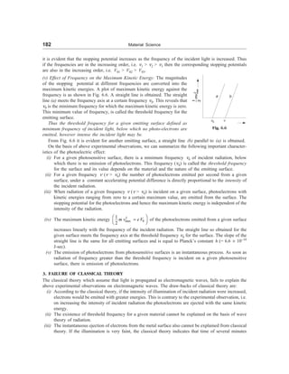 182 Material Science
it is evident that the stopping potential increases as the frequency of the incident light is increased. Thus
if the frequencies are in the increasing order, i.e. n1  n2  n3 then the corresponding stopping potentials
are also in the increasing order, i.e. V01  V02  V03.
a b
n0 n
Fig. 6.6
(v) Effect of Frequency on the Maximum Kinetic Energy: The magnitudes
of the stopping potential at different frequencies are converted into the
maximum kinetic energies. A plot of maximum kinetic energy against the
frequency is as shown in Fig. 6.6. A straight line is obtained. The straight
line (a) meets the frequency axis at a certain frequency n0. This reveals that
n0 is the minimum frequency for which the maximum kinetic energy is zero.
This minimum value of frequency, is called the threshold frequency for the
emitting surface.
Thus the threshold frequency for a given emitting surface defined as
minimum frequency of incident light, below which no photo-electrons are
emitted, however intense the incident light may be.
From Fig. 6.6 it is evident for another emitting surface, a straight line (b) parallel to (a) is obtained.
On the basis of above experimental observations, we can summarize the following important character-
istics of the photoelectric effect:
(i) For a given photosensitive surface, there is a minimum frequency n0 of incident radiation, below
which there is no emission of photoelectrons. This frequency (n0) is called the threshold frequency
for the surface and its value depends on the material and the nature of the emitting surface.
(ii) For a given frequency n (n  n0) the number of photoelectrons emitted per second from a given
surface, under a constant accelerating potential difference is directly proportional to the intensity of
the incident radiation.
(iii) When radiation of a given frequency n (n  n0) is incident on a given surface, photoelectrons with
kinetic energies ranging from zero to a certain maximum value, are emitted from the surface. The
stopping potential for the photoelectrons and hence the maximum kinetic energy is independent of the
intensity of the radiation.
(iv) The maximum kinetic energy 2
max 0
1
2
æ ö
=
è ø
m v e V of the photoelectrons emitted from a given surface
increases linearly with the frequency of the incident radiation. The straight line so obtained for the
given surface meets the frequency axis at the threshold frequency n0 for the surface. The slope of the
straight line is the same for all emitting surfaces and is equal to Planck’s constant h (= 6.6 ´ 10–34
J-sec).
(v) The emission of photoelectrons from photosensitive surfaces is an instantaneous process. As soon as
radiation of frequency greater than the threshold frequency is incident on a given photosensitive
surface, there is emission of photoelectrons.
3. FAILURE OF CLASSICAL THEORY
The classical theory which assume that light is propagated as electromagnetic waves, fails to explain the
above experimental observations on electromagnetic waves. The draw-backs of classical theory are:
(i) According to the classical theory, if the intensity of illumination of incident radiation were increased,
electrons would be emitted with greater energies. This is contrary to the experimental observation, i.e.
on increasing the intensity of incident radiation the photoelectrons are ejected with the same kinetic
energy.
(ii) The existence of threshold frequency for a given material cannot be explained on the basis of wave
theory of radiation.
(iii) The instantaneous ejection of electrons from the metal surface also cannot be explained from classical
theory. If the illumination is very faint, the classical theory indicates that time of several minutes
2
max
1
2
mv
 