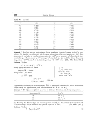 208 Material Science
Table 7.1 Contd.
z erf z z erf z
0.15 0.1680 1.1 0.8802
0.20 0.2227 1.2 0.9103
0.25 0.2763 1.3 0.9340
0.30 0.3268 1.4 0.9523
0.35 0.3794 1.5 0.9661
0.40 0.4284 1.6 0.9763
0.45 0.4755 1.7 0.9838
0.50 0.5205 1.8 0.9891
0.55 0.5633 1.9 0.9928
0.60 0.6039 2.0 0.9953
0.65 0.6420 2.2 0.9981
0.70 0.6778 2.4 0.9993
0.75 0.7112 2.6 0.9998
0.80 0.7421 2.8 0.9999
Example 2 To obtain a p-type semiconductor, boron (an element from third column) is doped in pure
silicon. This doped is carried through a B2O3 vapour phase of partial pressure equal to 1.5 N/m2
. This
atmosphere is equivalent to a surface concentration of 3 ´ 1026
boron atoms per m3
. Show that the time
required to get a boron content of 1023
atoms per m3
at a depth of 2 mm is 3845 s. Given: the doping
temperature = 1100°C and DB in Si at this temperature = 4 ´ 10–17
m2
/s. [B.E., B.Sc. (Hons: M.S.)]
Solution We have
c(x, t) = A – B erf (x /2 Dt )
Using appropriate values, we obtain
erf (x/2 Dt ) = 0.99967
Using table 7.1, we obtain
x/2 Dt = 2.55
 t =
2 12
2 17
(2) 10
2 (2.55) 4 10
-
-
´
´ ´ ´
= 3845 sec
Approximate calculations can be made using x = Dt . c1 is negligible compared to c2 and for the diffusion
couple set up, this approximation yields the concentration at x as c(x) = 0.24 c2.
Example 3 The diffusion coefficients of carbon in a-Ti were determined at following temperatures.
Temperature (°C) D (m2
/s)
736 2 ´ 10–13
782 5 ´ 10–13
835 1.3 ´ 10–12
(a) Assuming that Arhenius type rate process equation is valid, find the constant of the equation and
activation energy, and (b) determine the diffusion coefficient at 500°C. [B.E., M.Sc., (M.S.)]
Solution We have
D = D0 exp (–DE/kT) (1)
c1 = 0
cs = 3 ´ 1026
atoms
c(x) = 1023
atoms
x = 2 ´ 10–6
m
D = 4 ´ 10–17
m2
/s
 