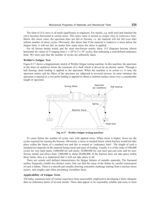 Mechanical Properties of Materials and Mechanical Tests 235
The form of S-N curve is of much significance to engineers. For metals, e.g. mild steel and titanium the
curve becomes horizontal at certain stress. This stress value is termed as fatigue limit or endurance limit.
Below this stress value, the specimen does not fail or fracture, i.e. the material will not fail even after
infinite number of stress cycles. Obviously, this shows that if the material is loaded to a stress below the
fatigue limit, it will not fail, no matter how many times the stress is applied.
For all ferrous metals tested, and for most non-ferrous metals, these S-N diagrams become almost
horizontal for values of N ranging from 1 ´ 106
to 5 ´ 107
cycles, thus indicating a well-defined endurance
limit. We must note that the number of cycles are arbitrarily taken.
Wohler’s Fatigue Test
Figure 8.17 shows a diagrammatic sketch of Wohler fatigue testing machine. In this machine, the specimen
in the form of cantilever forms the extension of a shaft which is driven by an electric motor. Through a
ball bearing, dead loading is applied to the specimen. When the machine is in action i.e. it runs, the
specimen rotates and the fibres of the specimen are subjected to reversed stresses. In some instances the
specimen is tapered or a two point loading is applied to obtain a uniform surface stress over a considerable
length of specimen.
Fig. 8.17 Wohler fatigue testing machine
To cause failure the number of cycles vary with applied stress. When stress is higher, fewer are the
cycles required for causing the fracture. Obviously, a stress is reached below which fracture would not take
place within the limits of a standard test and this is termed as ‘endurance limit’. The length of such a
standard test depends on the material being tested and types of loading. Usually it is of the order of 500,000
cycles for very hard steels, 5,000,000 for soft steels; 10,000,000 for cast steel and cast iron; and for non-
ferrous metals and alloys from 1,000,000 to about 50,000,000. If the fracture does not take place within
these limits, then it is understood that it will not take place at all.
There are certain well defined characteristics for fatigue failures of metallic materials. The fractured
surface frequently exhibit two distinct zones. One can find the cause of the failure by careful examination
of such a failure. There is a smooth part usually showing concentric markings starting from a nucleus stress
raisers, and rougher part often presenting crystalline faces.
Applicability of Fatigue Tests
Till today, numerous tests of various types have been successfully employed in developing a fairly adequate
data on endurance limits of several metals. These data appear to be reasonably reliable and seem to form
Driving Motor
Specimen
(as cantilever) Ball bearing
Spring
Dead load
Machine frame
 
