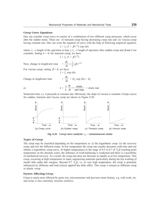 Mechanical Properties of Materials and Mechanical Tests 239
Creep Curve Equations
One can consider creep curve to consist of a combination of two different creep processes, which occur
after the sudden strain. These are: (i) transient creep having decreasing creep rate and (ii) viscous creep
having constant rate. One can write the equation of curve with the help of following empirical equation,
lt = lo (1 + b t1/3
) exp (kt)
where, lt ® length of the specimen at time t, lo ® length of specimen after sudden creep and b and k are
constants. Setting k = 0, for transient creep, we have
lt = lo (1 + b t1/3
)
Now, change in length/unit time =
1
3
t
dl
dt
= lob t–2/3
For viscous creep, setting b = 0, we have
lt = lo exp (kt)
Change in length/unit time =
t
dl
dt
= klo exp (kt) = klt
or k =
strain
1
unit time
t
t
dl
l dt
= = strain rate
Strain/unit time, i.e. k proceeds at constant rate. Obviously, the slope of viscous is constant. Creeps curves
for sudden, transient and viscous creep are shown in Figure 8.20.
Strain
eo
Time
Strain
eo
Time
(a) Creep curve
Strain
Time
(c) Transient creep
(b) Sudden creep
Strain
Time
(d) Viscous creep
Fig. 8.20 Creep curve analysis. eo
® instantaneous strain
Types of Creep
The creep may be classified depending on the temperature as (i) the logarithmic creep (ii) the recovery
creep, and (iii) the diffusion creep. At low temperature the creep rate usually decreases with time and one
obtains a logarithmic creep curve. At higher temperatures in the range of 0.5 to 0.7 of TmK (melting point
temperature on the absolute scale), the influence of work-hardening is weakened and there is a possibility
of mechanical recovery. As a result, the creep rate does not decrease as rapidly as at low temperature. This
creep, occurring at high temperature in many engineering materials particularly during the hot working of
metals falls under this category. Beyond 0.7 TmK, i.e. at very high temperature, the creep is primarily
influenced by diffusion and load (stress) applied has little effect. This creep is termed as diffusion creep
or plastic creep.
Factors Affecting Creep
Creep is much more affected by grain size, microstructure and previous strain history, e.g. cold work, etc.
and creep is also extremely structure sensitive.
 