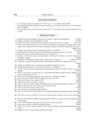 272 Material Science
SUGGESTED READINGS
1. T.H. Courtney, Mechanical Behaviour of Materials, 2nd
ed., McGraw-Hill (2000).
2. K.G. Budinski and M.K. Budinski, Engineering Materials, Properties and Selection, 7th
ed., Prentice
Hall, NJ (2002).
3. N.E. Dowling, Mechanical Behaviour of Materials, 2nd
Ed., Prentice Hall, Upper Saddle River, NJ
(1998).
REVIEW QUESTIONS
1. Explain the term machinability. Describe the method of improving machinability. [AMIE]
2. Explain weldability and machinability of metal. [AMIE]
3. Differentiate between brittle fracture and ductile fracture. How they are caused. [B. Tech.]
4. Draw a stress-strain diagram for a low carbon steel specimen, indicating the proportionality limit,
elastic limit, yield point and the point of maximum loading and rupture. Explain the above data.
[AMIE, B.E.]
5. Compare and contrast elastic and plastic deformation of materials. [B. Tech.]
6. Define hardness. Discuss its role in characterising mechanical behaviour of materials. [B.E.]
7. What is the effect of stress and temperature on a creep curve? [B.E.]
8. Describe in detail the purpose and procedure for testing of metals for (a) tensile strength and
(b) impact strength. [AMIE]
9. Explain how dislocations produces plastic deformation in materials. [AMIE, B.Tech.]
10. Sketch the conventional and actual stress-strain diagrams and state the significance of each.
[AMIE]
11. Explain the different types of important technological properties of metal. [BE]
12. Explain the phenomenon of creep in metals. How is it controlled? [BE]
13. Sketch a typical creep curve and indicate important stages. Discuss the effect of grain size on creep
strength. [AMIE]
14. What is creep? Draw a typical creep curve and explain the different stages on creep. Elaborate your
answer with reference to steel. [AMIE]
15. Mention the technological properties that control the weldability of metals. [AMIE]
16. Draw S-N curve. Explain different stages occurring in the curve. [BE]
17. When does Hooke’s, law appears to fail? [AMIE]
18. Explain the ‘notch’ sensitivity of metals. [AMIE]
19. What is meant by creep? Explain the different types of creep with the help of creep curve. [BE]
20. With the help of creep curve, discuss three stages of creep. [BE]
21. What is the critical resolved shear-stress [AMIE]
22. Do all metals have endurance limits? Explain. [BE]
23. State the various factors which affect the mechanical properties of materials and state their effects.
[BE]
24. Write factors which contribute to the onset of fatigue failure and those which tend to resist fatigue.
[BE]
25. What are the different methods of determining the hardness of a metal? State their advantages and
disadvantages. [BE]
26. Under what conditions may a ductile material fail in brittle structure? [AMIE]
27. Discuss the examples of ductile and brittle fracture. [AMIE]
28. What is the creep in metallic materials? Why is the knowledge of creep resistance important indus-
trially? [AMIE]
29. Explain the role of fatigue failure behaviour of metals. [AMIE]
 