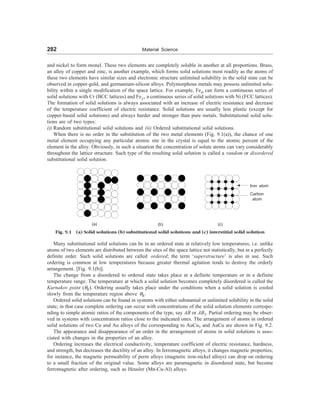 282 Material Science
and nickel to form monel. These two elements are completely soluble in another at all proportions. Brass,
an alloy of copper and zinc, is another example, which forms solid solutions most readily as the atoms of
these two elements have similar sizes and electronic structure unlimited solubility in the solid state can be
observed in copper-gold, and germanium-silicon alloys. Polymorphous metals may possess unlimited solu-
bility within a single modification of the space lattice. For example, Fe= can form a continuous series of
solid solutions with Cr (BCC lattices) and FeC , a continuous series of solid solutions with Ni (FCC lattices).
The formation of solid solutions is always associated with an increase of electric resistance and decrease
of the temperature coefficient of electric resistance. Solid solutions are usually less plastic (except for
copper-based solid solutions) and always harder and stronger than pure metals. Substitutional solid solu-
tions are of two types:
(i) Random substitutional solid solutions and (ii) Ordered substitutional solid solutions.
When there is no order in the substitution of the two metal elements (Fig. 9.1(a)), the chance of one
metal element occupying any particular atomic site in the crystal is equal to the atomic percent of the
element in the alloy. Obviously, in such a situation the concentration of solute atoms can vary considerably
throughout the lattice structure. Such type of the resulting solid solution is called a random or disordered
substitutional solid solution.
(a) (b)
Iron atom
Carbon
atom
(c)
Fig. 9.1 (a) Solid solutions (b) substitutional solid solutions and (c) interstitial solid solution
Many substitutional solid solutions can be in an ordered state at relatively low temperatures, i.e. unlike
atoms of two elements are distributed between the sites of the space lattice not statistically, but in a perfectly
definite order. Such solid solutions are called ordered; the term ‘superstructure’ is also in use. Such
ordering is common at low temperatures because greater thermal agitation tends to destroy the orderly
arrangement. [Fig. 9.1(b)].
The change from a disordered to ordered state takes place at a definite temperature or in a definite
temperature range. The temperature at which a solid solution becomes completely disordered is called the
Kurnakov point (GK). Ordering usually takes place under the conditions when a solid solution is cooled
slowly from the temperature region above GK.
Ordered solid solutions can be found in systems with either substantial or unlimited solubility in the solid
state; in that case complete ordering can occur with concentrations of the solid solution elements correspo-
nding to simple atomic ratios of the components of the type, say AB or AB3. Partial ordering may be obser-
ved in systems with concentration ratios close to the indicated ones. The arrangement of atoms in ordered
solid solutions of two Cu and Au alloys of the corresponding to AuCu3 and AuCu are shown in Fig. 9.2.
The appearance and disappearance of an order in the arrangement of atoms in solid solutions is asso-
ciated with changes in the properties of an alloy.
Ordering increases the electrical conductivity, temperature coefficient of electric resistance, hardness,
and strength, but decreases the ductility of an alloy. In ferromagnetic alloys, it changes magnetic properties;
for instance, the magnetic permeability of perm alloys (magnetic iron-nickel alloys) can drop on ordering
to a small fraction of the original value. Some alloys are paramagnetic in disordered state, but become
ferromagnetic after ordering, such as Heusler (Mn-Cu-Al) alloys.
 