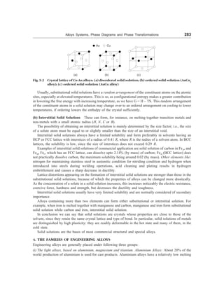 Alloys Systems, Phase Diagrams and Phase Transformations 283
Usually, substitutional solid solutions have a random arrangement of the constituent atoms on the atomic
sites, especially at elevated temperatures. This is so, as configurational entropy makes a greater contribution
in lowering the free energy with increasing temperature, as we have G = H – TS. This random arrangement
of the constituent atoms in a solid solution may change over to an ordered arrangement on cooling to lower
temperatures, if ordering lowers the enthalpy of the crystal sufficiently.
(b) Interstitial Solid Solutions These can form, for instance, on melting together transition metals and
non-metals with a small atomic radius (H, N, C or B).
The possibility of obtaining an interstitial solution is mainly determined by the size factor; i.e., the size
of a solute atom must be equal to or slightly smaller than the size of an interstitial void.
Interstitial solid solutions always have a limited solubility and form preferably in solvents having an
HCP or FCC lattice with interstices of a radius of 0.41 R, where R is the radius of a solvent atom. In BCC
lattices, the solubility is low, since the size of interstices does not exceed 0.29 R.
Examples of interstitial solid solutions of commercial application are solid solution of carbon in FeC , and
Fe=, Fer, which has an FCC lattice, can dissolve upto 2.14% (by mass) of carbon; Fe= (BCC lattice) does
not practically dissolve carbon, the maximum solubility being around 0.02 (by mass). Other elements like:
nitrogen for maintaining stainless steel in austenitic condition for nitriding condition and hydrogen when
introduced into steels during welding operations, acid cleaning and plating results in hydrogen
embrittlement and causes a sharp decrease in ductility.
Lattice distortions appearing on the formation of interstitial solid solutions are stronger than those in the
substitutional solid solutions, because of which the properties of alloys can be changed more drastically.
As the concentration of a solute in a solid solution increases, this increases noticeably the electric resistance,
coercive force, hardness and strength, but decreases the ductility and toughness.
Interstitial solid solutions usually have very limited solubility and are normally considered of secondary
importance.
Alloys containing more than two elements can form either substitutional or interstitial solution. For
example, when iron is melted together with manganese and carbon, manganese and iron form substitutional
solid solution while carbon and iron, interstitial solid solution.
In conclusion we can say that solid solutions are crystals whose properties are close to those of the
solvent, since they retain the same crystal lattice and type of bond. In particular, solid solutions of metals
are distinguished by high plasticity: they are readily deformable in the hot state and many of them, in the
cold state.
Solid solutions are the bases of most commercial structural and special alloys.
4. THE FAMILIES OF ENGINEERING ALLOYS
Engineering alloys are generally placed under following three groups:
(i) The light alloys, based on aluminium, magnesium and titanium. Aluminium Alloys: About 20% of the
world production of aluminium is used for cast products. Aluminium alloys have a relatively low melting
Au Cu
(a) (c)
(b)
Fig. 9.2 Crystal lattice of Cu-Au alloys: (a) disordered solid solution; (b) ordered solid solution (AuCu3
alloy); (c) ordered solid solution (AuCu alloy)
 
