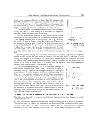 Alloys Systems, Phase Diagrams and Phase Transformations 289
reaches room temperature. The slips of lines AB and CD indicate specific
heat of liquid and solid metals, respectively (Fig. 9.4a). There is also another
way to plot the cooling curve. One can plot the temperature against time
taken to cool through a specific temperature interval (say 5°C) as shown in
Fig. 9.5. Such cooling curves are called derived or inverse rate curve.
We may note that the single temperature arrest during latent heat loss in
cooling curve (Fig. 9.4) is the property of the pure metal. The temperature
of solidification is the characteristic of that metal.
When two or more metals are mixed in liquid state to form an alloy and
allowed to cool, the solidification occurs over a range of temperature. Figure
9.4(b) shows a cooling curve for an alloy of metals A and B. We can see that
curve AB is the same as for pure metals. The freezing line BC drops until
the whole mass is solid at point C. Applying Eq. (1) to the system between
B and C (Fig. 9.4b) with P = 2, C = 2, F = 1, i.e. there is one degree of
freedom. The temperature will change (the pressure is constant). Obviously
BC portion of the curve is due to the fall in temperature recorded during
Temperature
Solidification
Time (for
temperature to
fall 5°C)
Fig. 9.5 Inverse rate or
derived cooling
curve.
freezing in a binary alloy. From point C, the solid further cools along the line CD to reach room tempera-
ture.
Figure 9.4(c) is the freezing curve for another binary system whose two components are completely
soluble in liquid state but not at all soluble in solid state. They are liquid along AB upto point B of the
cooling curve. At point B the component with larger content starts solidifying and temperature falls along
BC. At point C the components solidify simultaneously at constant temperature, the lowest for a given alloy
system, and are termed as eutectic alloys. At D the only phase that is present is solid and cools along DE
Temperature
T1
T2
A Slow cooling
B C
D
B¢ C¢
D¢
Time
Fig. 9.6 Slow and rapid
cooling curves
for a pure metal
as usual. Point D on the curve is called as eutectic point.
We may now consider the cooling curve for pure metal for evaluating the
effect of slow and fast cooling. Figure. 9.6 shows two cooling curves for the
same pure metal. We may note that constant temperature of crystallization
is available only if cooling maintains equilibrium with surrounding. From
Fig. 9.6, we can see that if cooling is rapid enough than temperature does
not remain constant during solidification. Obviously, the more rapid the
cooling lower is the temperature at which crystal formation begins to occur.
This is due to rearrangement of molecules or atoms during freezing will
need some time and rapid cooling may not be very conductive for such
rearrangement. From Fig. 9.3 it is evident that the solidified portion of the
metal will release heat, which is latent heat of fusion and will thus increase
the temperature of surrounding molten metal. The phenomenon of tempera-
ture rise of molten metal is called recalescence which may sometimes may
even cause the growing of molten metal.
10. CONSTRUCTION OF A PHASE DIAGRAM OR CONSTITUTIONAL DIAGRAM
Depending upon the number of components and solubility characteristic, the phase diagrams are usually
categorised as follows:
(i) Solid Solution Type: In this case two metals are completely soluble in solid as well as in liquid state.
They have the same type of lattice and similar atomic size. Copper and Nickel form an isomorphous system.
(ii) Eutectic Type: When two metals are completely soluble in the liquid state but partly or completely
insoluble in the solid state, is termed as eutectic type. Fe-C, Al-Mn, Pb-Sn form an eutectic system.
 