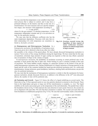 Alloys Systems, Phase Diagrams and Phase Transformations 299
We may note that the temperature is one variable in heat treat-
ment process that is subject to control, and it may have a
profound influence on the kinetics and thus on the rate of a
transformation. For most reactions and over specific tempera-
ture ranges, rate increases with temperature according to
r = A exp(–Q/RT) (13)
where R is the gas constant, T is absolute temperature, A is the
temperature independent constant and Q is an activation en-
ergy for the particular reaction.
We may note that the diffusion coefficient also has the
same temperature dependence. Processes with rates that ex-
hibit relationship (13) with temperature are sometimes re-
ferred as thermally activated.
(c) Homogeneous and Heterogeneous Nucleation In a
homogeneous nucleation, the probability of nucleation occur-
ring at any given site is identical to that at any other site within
1.0
Fraction
of
transformation,
y
0.5
t0.5
Growth
Nucleation
Logarithm of heating
time, t
Fig. 9.14 Fraction reacted versus the
logarithm of time typical of
many solid-state transfor-
mations in which temperature
is kept constant
the assembly or the volume of the parent phase. We have already discussed homogeneous nucleation in
section 17(a) in terms of free energy distribution among the liquid drops. We have noted that for this type
of nucleation, extremely large amounts of super cooling was required, so that one may obtain a practical
rate of nucleation of drops in the volume of liquid.
In heterogeneous nucleation, the probability of nucleation occurring at certain preferred sites in the
assembly is much greater than that at other sites. Water boiling in a pot is common example of this type
of nucleation. The steam bubbles usually originate at a particular location on the bottom of the pot are
called heterogeneous nucleation sites. During solidification of a liquid, inclusions of foreign particles in the
liquid and the walls of the container holding the liquid provide preferred nucleation sites. In a solid-solid
transformation, foreign inclusions, grain boundaries, interfaces, stacking faults and dislocations can provide
sites for preferred nucleation.
We may note that the mechanism of heterogeneous nucleation is similar to that the mechanism for homo-
geneous nucleation, already discussed. However, in addition to the difference in the DF* term (discussed
above), the number of sites will be preferred only.
(d) Nucleation and Growth Figure 9.15 shows the effect of a liquid solidifying on several nuclei. The
black dots in Fig. 9.15(a) represent nuclei or very tiny particles identical in structure to the  crystal. These
form in the liquid phase and grow to large size till the transformation is complete, i.e. over. The liquid
solidifies on the nuclei and crystals grow as the temperature of the melt diminishes. The parallel lines within
the boundaries shown in Fig. 9.15(b) represent the same direction in each crystal. However, the crystals are
not in alignment with each other. We note that their orientation is random. The crystals join each other and
form boundaries as solidification progresses (Fig. 9.15c). We note that each boundary marks a discontinuity
Liquid (L)
Nuclei
Liquid (L)
Dendrite growth
Crystal or grain formation
Grain boundary
 
L
(a) (b) (c)
Fig. 9.15 Illustration of solidification process of the liquid to -crystals by nucleation and growth
L
 
