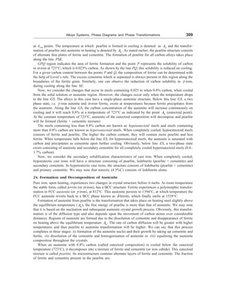 Alloys Systems, Phase Diagrams and Phase Transformations 309
as Acm points. The temperature at which pearlite is formed in cooling is denoted as 1
r
A and the transfor-
mation of pearlite into austenite in heating is denoted by 1
c
A . As stated earlier, the pearlite structure consists
of alternate thin plates of ferrite and cementite. The formation of pearlite for all carbon alloys takes place
along the line PSK.
GPQ region indicates the area of ferrite formation and the point P represents the solubility of carbon
in =-iron at 723°C, which is 0.025% carbon. As shown by the line PQ, this solubility is reduced on cooling.
For a given carbon content between the points P and Q, the composition of ferrite can be determined with
the help of Lever’s rule. The excess cementite which is separated is always present in this region along the
boundaries of the ferrite grain. Similarly, one can observe the reduction of carbon solubility in C-iron,
during cooling along the line SE.
Now, we consider the changes that occur in steels containing 0.025 to when 0.8% carbon, when cooled
from the solid solution or austenite region. However, the changes occur only when the temperature drops
to the line GS. The alloys in this case have a single-phase austenite structure. Below this line GS, a two
phase state, i.e. C -iron autenite and =-iron ferrite, exists at temperatures because ferrite precipitates from
the austenite. Along the line GS, the carbon concentration of the austenite will increase continuously on
cooling and it will reach 0.8% at a temperature of 723°C as indicated by the point 1
c
A (eutectoid point).
At the constant temperature of 723°C, austenite of the eutectoid composition will decompose and pearlite
will be formed (ferrite + cementite mixture)
The steels containing less than 0.8% carbon are known as hypoeutectoid steels and steels containing
more than 0.8% carbon are known as hypereutectoid steels. When completely cooled, hypoeutectoid steels
consists of ferrite and pearlite. The higher the carbon content, they will contain more pearlite and less
ferrite. When temperature falls below the line ES, for hypereutectoid steels, the austenite is saturated with
carbon and precipitates as cementite upon further cooling. Obviously, below line ES, a two-phase state
exists consisting of austenite and secondary cementite for all completely cooled hypereutectoid steels (0.8–
1.7% carbon).
Now, we consider the secondary solidification characteristics of cast iron. When completely cooled,
hypoeutectic cast irons will have a structure consisting of pearlite, ledeburite (pearlite + cementite) and
secondary cementite. In hypereutectic cast irons, the structure consists of ledeburite (pearlite + cementite)
and primary cementite. We may note that eutectic (4.3%C) consists of ledeburite alone.
24. Formation and Decomposition of Austenite
Pure iron, upon heating, experiences two changes in crystal structure before it melts. At room temperature
the stable form, called ferrite (or =-iron), has a BCC structure. Ferrite experiences a polymorphic transfor-
mation to FCC austenite (or C-iron), at 812°C. This austenite persists to 1394°C, at which temperature the
FCC austenite reverts back to a BCC phase known as @-ferrite, which finally melts at 1538°C.
Formation of austenite from pearlite is the transformation that takes place on heating steel slightly above
the equilibrium temperature ( 1
c
A ), the free energy of pearlite is more than that of austenite. We may note
that it is based on the nucleation and subsequent austenite crystal growth process. Obviously, this transfor-
mation is of the diffusion type and also depends upon the movement of carbon atoms over considerable
distances. Regions of austenite are formed due to the dissolution of cementite and disappearance of ferrite
on heating above the equilibrium temperature 1
c
A . The rate of carbon diffusion will be greater with higher
temperatures and thus pearlite to austenite transformation will be higher. We can say that this process
completes in three stages: (i) formation of the austenite nuclei and their growth by taking up cementite and
ferrite, (ii) dissolution of the cementite and homogenisation of austenite or (iii) equalising the austenite
composition throughout the crystals.
When an austenite with 0.8% carbon (called eutectoid composition) is cooled below the eutectoid
temperature (723°C), it decomposes into a mixture of ferrite and cementite (or iron cabide). This eutectoid
mixture is called pearlite. Its microstructure contains alternate layers of ferrite and cementite. The fraction
of ferrite and cementite present in the pearlite are:
 