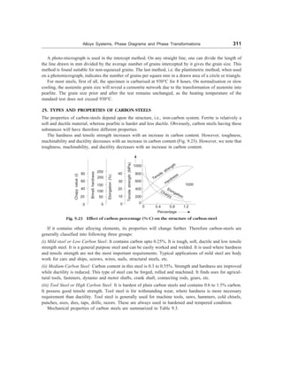 Alloys Systems, Phase Diagrams and Phase Transformations 311
A photo-micrograph is used in the intercept method. On any straight line, one can divide the length of
the line drawn in mm divided by the average number of grains intercepted by it gives the grain size. This
method is found suitable for non-equiaxed grains. The last method, i.e. the plantimetric method, when used
on a photomicrograph, indicates the number of grains per square mm in a drawn area of a circle or triangle.
For most steels, first of all, the specimen is carburised at 930°C for 8 hours. On normalisation or slow
cooling, the austenite grain size will reveal a cementite network due to the transformation of austenite into
pearlite. The grain size prior and after the test remains unchanged, as the heating temperature of the
standard test does not exceed 930°C.
25. TYPES AND PROPERTIES OF CARBON-STEELS
The properties of carbon-steels depend upon the structure, i.e., iron-carbon system. Ferrite is relatively a
soft and ductile material, whereas pearlite is harder and less ductile. Obviously, carbon steels having these
substances will have therefore different properties.
The hardness and tensile strength increases with an increase in carbon content. However, toughness,
machinability and ductility decreases with an increase in carbon content (Fig. 9.23). However, we note that
toughness, machinability, and ductility decreases with an increase in carbon content.
Chapy
value
(
l
)
80
60
40
20
0
Brinell
hardness
250
200
150
100
50
0
Elongation
(%)
40
30
20
10
0
Tensile
strength
Hardness
Elongation
Charpy
Tensile
strength
(MPa)
1000
0 0.4 0.8 1.2
Percentage
1000
800
600
400
200
0
Fig. 9.23 Effect of carbon percentage (% C) on the structure of carbon-steel
If it contains other alloying elements, its properties will change further. Therefore carbon-steels are
generally classified into following three groups:
(i) Mild steel or Low Carbon Steel: It contains carbon upto 0.25%. It is tough, soft, ductile and low tensile
strength steel. It is a general purpose steel and can be easily worked and welded. It is used where hardness
and tensile strength are not the most important requirements. Typical applications of mild steel are body
work for cars and ships, screws, wires, nails, structural steels, etc.
(ii) Medium Carbon Steel: Carbon content in this steel is 0.3 to 0.55%. Strength and hardness are improved
while ductility is reduced. This type of steel can be forged, rolled and machined. It finds uses for agricul-
tural tools, fasteners, dynamo and motor shafts, crank shaft, connecting rods, gears, etc.
(iii) Tool Steel or High Carbon Steel: It is hardest of plain carbon steels and contains 0.6 to 1.5% carbon.
It possess good tensile strength. Tool steel is for withstanding wear, where hardness is more necessary
requirement than ductility. Tool steel is generally used for machine tools, saws, hammers, cold chisels,
punches, axes, dies, taps, drills, razors. These are always used in hardened and tempered condition.
Mechanical properties of carbon steels are summarized in Table 9.3.
 