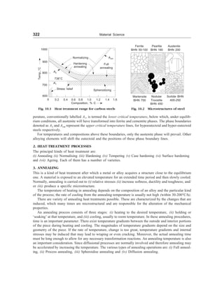 322 Material Science
perature, conventionally labelled A1, is termed the lower critical temperature, below which, under equilib-
rium conditions, all austenite will have transformed into ferrite and cementite phases. The phase boundaries
denoted as A3 and Acm represent the upper critical temperature lines, for hypoeutectoid and hyper-eutectoid
steels respectively.
For temperatures and compositions above these boundaries, only the austenite phase will prevail. Other
alloying elements will shift the eutectoid and the positions of these phase boundary lines.
2. HEAT-TREATMENT PROCESSES
The principal kinds of heat treatment are:
(i) Annealing (ii) Normalising (iii) Hardening (iv) Tempering (v) Case hardening (vi) Surface hardening
and (vii) Ageing. Each of them has a number of varieties.
3. ANNEALING
This is a kind of heat treatment after which a metal or alloy acquires a structure close to the equilibrium
one. A material is exposed to an elevated temperature for an extended time period and then slowly cooled.
Normally, annealing is carried out to (i) relative stresses (ii) increase softness, ductility and toughness; and/
or (iii) produce a specific microstructure.
The temperature of heating in annealing depends on the composition of an alloy and the particular kind
of the process; the rate of cooling from the annealing temperature is usually not high (within 30-200°C/h).
There are variety of annealing heat treatments possible. These are characterized by the changes that are
induced, which many times are microstructural and are responsible for the alteration of the mechanical
properties.
An annealing process consists of three stages: (i) heating to the desired temperature, (ii) holding or
‘soaking’ at that temperature, and (iii) cooling, usually to room temperature. In these annealing procedures,
time is an important parameter. There exist temperature gradients between the outside and interior portions
of the piece during heating and cooling. The magnitudes of temperature gradients depend on the size and
geometry of the piece. If the rate of temperature, change is too great, temperature gradients and internal
stresses may be induced that may lead to wraping or even cracking. Moreover, the actual annealing time
must be long enough to allow for any necessary transformation reactions. An annealing temperature is also
an important consideration. Since diffusional processes are normally involved and therefore annealing may
be accelerated by increasing the temperature. The various types of annealing operations are: (i) Full anneal-
ing, (ii) Process annealing, (iii) Spheroidise annealing and (iv) Diffusion annealing.
Ferrite
BHN 50-100
Pearlite
BHN 180
Austenite
BHN 200
Martensite
BHN 700
Nodular
Troostite
BHN 450
Sorbite BHN
400-250
Fig. 10.2 Microstructures of steel
1000
900
800
700
600
0 0.2 0.4 0.6 0.8 1.0 1.2 1.4 1.6
Normalizing
Hardening
annealing
Acm
Full
annealing
A3
738°C
A1
Stress relief Spheroidizing
Temp.,°C
Composition, % C
Fig. 10.1 Heat treatment range for carbon steels
 