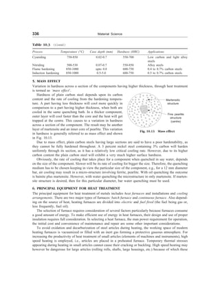 336 Material Science
Table 10.3 Contd.
Process Temperature (°C) Case depth (mm) Hardness (HRC) Applications
Cyaniding 750-850 0.02-0.7 550-700 Low carbon and light alloy
steels
Nitriding 500-530 0.07-0.7 550-850 Alloy steels
Flame hardening 850-1000 upto 0.8 600-750 0.4 to 0.7% carbon steels
Induction hardening 850-1000 0.5-5.0 600-750 0.5 to 0.7% carbon steels
5. MASS EFFECT
Variation in hardness across a section of the components having higher thickness, through heat treatment
is termed as ‘mass effect’.
Hardness of plain carbon steel depends upon its carbon
content and the rate of cooling from the hardening tempera-
ture. A part having less thickness will cool more quickly in
comparison to a part having higher thickness, when both are
cooled in the same quenching bath. In a thicker component,
outer layer will cool faster than the core and the heat will get
trapped at the centre. This causes to a variation in hardness
across a section of the component. The result may be another
layer of martensite and an inner core of pearlite. This variation
in hardness is generally referred to as mass effect and shown
in Fig. 10.13.
Due to mass effect, plain carbon steels having large sections are said to have a poor hardenability, as
they cannot be fully hardened throughout. A 3 percent nickel steel containing 3% carbon will harden
uniformly through its section, as it has a relatively low critical cooling rate. However, due to its higher
carbon content the plain carbon steel will exhibit a very much higher surface hardness.
Obviously, the rate of cooling that takes place for a component when quenched in say water, depends
on the size of the component. Slower will be its rate of cooling for bigger the size. Therefore, the quenching
medium has to be chosen keeping in view the particular size of the component, e.g., for a 12 mm diameter
bar, air cooling may result in a micro-structure involving ferrite, pearlite. With oil quenching the outcome
is bainite plus martensite. However, with water quenching the microstructure in only martensite. If marten-
site structure is desired, then for this particular diameter, bar water quenching must be used.
6. PRINCIPAL EQUIPMENT FOR HEAT TREATMENT
The principal equipment for heat treatment of metals includes heat furnaces and installations and cooling
arrangements. There are two major types of furnaces: batch furnace and continuous furnace. Also depend-
ing on the source of heat, heating furnaces are divided into electric and fuel fired (the fuel being gas or,
less frequently, fuel oil).
The selection of furnace requires consideration of several factors particularly because furnaces consume
a good amount of energy. To make efficient use of energy in heat furnaces, their design and use of proper
insulation requires full consideration. In selecting a heat furnace, the man power requirement for operation,
the initial cost and convenience of maintenance and repair are some other important considerations.
To avoid oxidation and decarburization of steel articles during heating, the working space of modern
heating furnaces is vacuumized or filled with an inert gas forming a protective gaseous atmosphere. For
increasing the productivity of heat treatment of small articles (elements of machines and instruments), high
speed heating is employed, i.e., articles are placed in a preheated furnace. Temporary thermal stresses
appearing during heating in small articles cannot cause their cracking or buckling. High speed heating may
however be dangerous for large articles (rolling rolls, shafts, large housings, etc.) because of which these
Fig. 10.13 Mass effect
Martensitic
structure
Fine pearlite
structure
(centre)
 