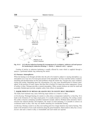 338 Material Science
Induction
coils
(a)
1
2
3
Water
(b)
Fig. 10.14 (a) Coils for induction heating (b) Arrangement of a workpiece, inductor coil and sprayer
for hardening by induction heating: 1 - article; 2 - inductor coil; 3 - sprayer
Cooling of articles in induction hardening is usually effected by water which is supplied through a
sprayer, a perforated tabular ring embracing the article.
6.5 Furnace Atmospheres
When the heating is not through salt bath, then the job to be treated is subject to varying atmosphere, e.g.
atmospheric air or any one of several gases present in the atmosphere. We have read that surface oxidation,
tarnishing and decarburization are the main problems which the metals face. Oxygen may cause oxidation,
rusting and scaling. Depending upon the concentration, CO2 may cause decarburization in furnace atmo-
sphere. In the presence of water vapour, thin blue film is formed. For improving surface appearance, bluing
of surface is done. Nitrogen provides a neutral atmosphere. Often vacuum furnaces are used for small and
accurately finished parts provide complete safety from effects of atmosphere.
7. MAJOR DEFECTS IN METALS OR ALLOYS DUE TO FAULTY HEAT TREATMENT
The faulty heat treatment may cause following major defects in a metal or a alloy:
(i) Overheating: Prolonged heating of a metal or a alloy above a temperature marked by A3 line (Fig. 10.1)
leads to the formation of very large actual grains. It is usually termed as overheating. On cooling a metal,
this yields a structure containing crystalline martensite (usually called as Widman tatten structure). Such a
structure has reduced ductility and toughness. By means of usual annealing, it is possible to retrieve an
overheated metal or alloy. One may use double annealing for considerable heating.
(ii) Burning: Heating a metal or an alloy near melting point for a longer duration may lead to burning. This
leads to the formation of iron oxide inclusions along the grain boundaries. Burnt metal or alloy has a stoney
fracture and such a metal or alloy is irremediable and such metals are rejected.
Part to be
heated and
quenched
Shaped
coil
Slideway to be
surface hardened
Travel
Cooling
water
To generator
 