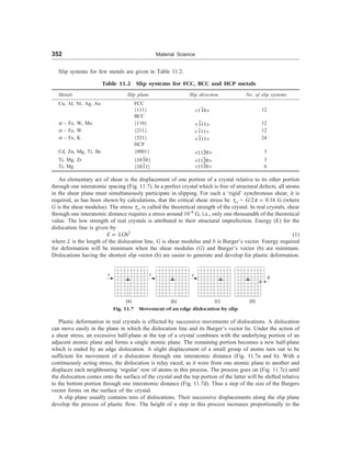 352 Material Science
Slip systems for few metals are given in Table 11.2.
Table 11.2 Slip systems for FCC, BCC and HCP metals
Metals Slip plane Slip direction No. of slip systems
Cu, Al, Ni, Ag, Au FCC
{111} 110
  12
BCC
a – Fe, W, Mo {110} 111
  12
a – Fe, W {211} 111
  12
a – Fe, K {321} 111
  24
HCP
Cd, Zn, Mg, Ti, Be {0001} 1120
  3
Ti, Mg, Zr {1010} 1120
  3
Ti, Mg {1011} 1120
  6
An elementary act of shear is the displacement of one portion of a crystal relative to its other portion
through one interatomic spacing (Fig. 11.7). In a perfect crystal which is free of structural defects, all atoms
in the shear plane must simultaneously participate in slipping. For such a ‘rigid’ synchronous shear, it is
required, as has been shown by calculations, that the critical shear stress be tcr = G/2p ; 0.16 G (where
G is the shear modulus). The stress tcr is called the theoretical strength of the crystal. In real crystals, shear
through one interatomic distance requires a stress around 10–6
G, i.e., only one-thousandth of the theoretical
value. The low strength of real crystals is attributed to their structural imprefection. Energy (E) for the
dislocation line is given by
E µ LGb2
(1)
where L is the length of the dislocation line, G is shear modulus and b is Burger’s vector. Energy required
for deformation will be minimum when the shear modulus (G) and Burger’s vector (b) are minimum.
Dislocations having the shortest slip vector (b) are easier to generate and develop for plastic deformation.
t t t
b
(a) (b) (c) (d)
Fig. 11.7 Movement of an edge dislocation by slip
Plastic deformation in real crystals is effected by successive movements of dislocations. A dislocation
can move easily in the plane in which the dislocation line and its Burger’s vector lie. Under the action of
a shear stress, an excessive half-plane at the top of a crystal combines with the underlying portion of an
adjacent atomic plane and forms a single atomic plane. The remaining portion becomes a new half-plane
which is ended by an edge dislocation. A slight displacement of a small group of atoms turn out to be
sufficient for movement of a dislocation through one interatomic distance (Fig. 11.7a and b). With a
continuously acting stress, the dislocation is relay raced, as it were from one atomic plane to another and
displaces each neighbouring ‘regular’ row of atoms in this process. The process goes on (Fig. 11.7c) until
the dislocation comes onto the surface of the crystal and the top portion of the latter will be shifted relative
to the bottom portion through one interatomic distance (Fig. 11.7d). Thus a step of the size of the Burgers
vector forms on the surface of the crystal.
A slip plane usually contains tens of dislocations. Their successive displacements along the slip plane
develop the process of plastic flow. The height of a step in this process increases proportionally to the
 