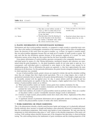 Deformation of Materials 357
Table 11.4 Contd.
Slip Twinning
(1) (2)
(iv) Time
(v) Stress
l Slip takes several million seconds to
occur, i.e. there is a delay time of sev-
eral million seconds prior to forming
of one slip band.
l Slip takes place when the shearing str-
ess on the slip plane in the slip direct-
ion reaches a threshold value called
the critical resolved shear stress.
l Twins can form in a few micro-
seconds only.
l Resolved critical shear stress in
twinning almost has no role.
6. PLASTIC DEFORMATION OF POLYCRYSTALLINE MATERIALS
Deformation and slip in polycrystalline materials, as compared to single crystals is somewhat more com-
plex. Due to the random crystallographic orientations of the numerous grains and the effect of neighbouring
atoms, the direction of slip varies from one grain to another, e.g., in brass. As regard to common metals,
they are polycrystalline aggregates because they are made up of a number of small crystals or grains. We
may note that the slip mechanism operates because of the geometric regularity of a crystal. For each,
dislocation motion occurs along the slip system that has the most favourable orientation.
Gross plastic deformation of a polycrystalline specimen corresponds to the comparable distortion of the
individual grains by means of a slip. During deformation, mechanical integrity and coherency are main-
tained along the grain boundaries, i.e., the grain boundaries usually do not come apart or open up. As a
consequence, each individual grain is constrained to some degree in the shape it may assume by its
neighbouring grains. Prior to deformation the grains are equiaxed, i.e. they have approximately the same
dimension in all directions. For this particular deformation, the grains become elongated along the direction
in which specimen was extended.
In case of polycrystalline metals, greater stresses are required to initiate slip and the attendant yielding
since they are stronger than their single-crystal equivalents. This is to a large degree, also a result of
geometrical constraints that are imposed on the grains during deformation. Even though a single grain may
be favourably oriented with the applied stress for slip, it cannot deform untill the adjacent and less
favourably oriented grains are capable of slip also, this requires a higher applied stress level. The charac-
teristics of polycrystalline metals are as follows:
(i) When polycrystalline metals are loaded, various grains have random orientation for slip.
(ii) Greater stress is required due to random orientations and therefore, the resolved shear stress is not
constant but varies with grain orientation.
(iii) Under load condition, all crystals of a polycrystalline metal are prefectly elastic. There are a number
of slip planes within a crystal. Considerable structural changes result in deformation.
(iv) Contrary to single crystals, polycrystalline metals show elastic after effects. Application of this effect
is in work hardening.
(v) A significant amount of permanent deformation and an appreciable amount of yielding can be ob-
tained in the polycrystalline crystals of metals after elastic deformation.
7. WORK HARDENING OR STRAIN HARDENING
This is the phenomenon whereby a ductile metal becomes harder and stronger as it is plastically deformed.
Ductile materials show increase in strength and hardness when plastically deformed at temperature lower
than the crystallization temperature. Most metals stain harden at room temperature. We may note that the
temperature at which deformation takes place is “cold” relative to the absolute temperature of the metal cold
working. Cold working reduces ductility because part of the elongation that takes place is observed during
testing. The cold-working destroys the randomness of grain orientations and the resulting properties of the
 