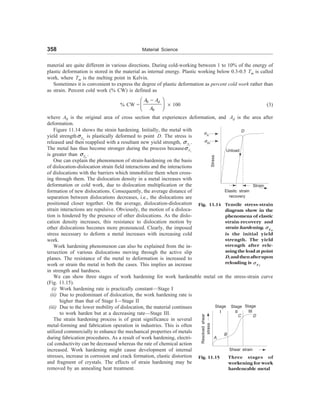 358 Material Science
material are quite different in various directions. During cold-working between 1 to 10% of the energy of
plastic deformation is stored in the material as internal energy. Plastic working below 0.3-0.5 Tm is called
work, where Tm is the melting point in Kelvin.
Sometimes it is convenient to express the degree of plastic deformation as percent cold work rather than
as strain. Percent cold work (% CW) is defined as
% CW =
0
0
d
A A
A
-
æ ö
ç ÷
è ø
´ 100 (3)
where A0 is the original area of cross section that experiences deformation, and Ad is the area after
deformation.
Fig. 11.15 Three stages of
workening for work
hardeneable metal
Stage
III
Stage
II
Stage
I
D
C
A
B
Resolved
shear
stress
Shear strain
Figure 11.14 shows the strain hardening. Initially, the metal with
yield strength o
y
s is plastically deformed to point D. The stress is
released and then reapplied with a resultant new yield strength, i
y
s .
The metal has thus become stronger during the process because i
y
s
is greater than o
y
s .
One can explain the phenomenon of strain-hardening on the basis
of dislocation-dislocation strain field interactions and the interactions
of dislocations with the barriers which immobilize them when cross-
ing through them. The dislocation density in a metal increases with
deformation or cold work, due to dislocation multiplication or the
formation of new dislocations. Consequently, the average distance of
separation between dislocations decreases, i.e., the dislocations are
positioned closer together. On the average, dislocation-dislocation
strain interactions are repulsive. Obviously, the motion of a disloca-
tion is hindered by the presence of other dislocations. As the dislo-
cation density increases, this resistance to dislocation motion by
other dislocations becomes more pronounced. Clearly, the imposed
stress necessary to deform a metal increases with increasing cold
work.
Work hardening phenomenon can also be explained from the in-
tersection of various dislocations moving through the active slip
planes. The resistance of the metal to deformation is increased to
work or strain the metal in both the cases. This implies an increase
in strength and hardness.
We can show three stages of work hardening for work hardenable metal on the stress-strain curve
(Fig. 11.15).
(i) Work hardening rate is practically constant—Stage I
(ii) Due to predominant of dislocation, the work hardening rate is
higher than that of Stage I—Stage II
(iii) Due to the lower mobility of dislocation, the material continues
to work harden but at a decreasing rate—Stage III.
The strain hardening process is of great significance in several
metal-forming and fabrication operation in industries. This is often
utilized commercially to enhance the mechanical properties of metals
during fabrication procedures. As a result of work hardening, electri-
cal conductivity can be decreased whereas the rate of chemical action
increased. Work hardening might cause development of internal
stresses, increase in corrosion and crack formation, elastic distortion
and fragment of crystals. The effects of strain hardening may be
removed by an annealing heat treatment.
D
Unload
Elastic strain
recovery
Strain
Stress
s i
y
s o
y
Fig. 11.14 Tensile stress-strain
diagram show in the
phenomena of elastic
strain-recovery and
strain hardening. s o
y
is the initial yield
strength. The yield
strength after rele-
asing the load at point
D,andthenafterupon
reloading is s i
y
 