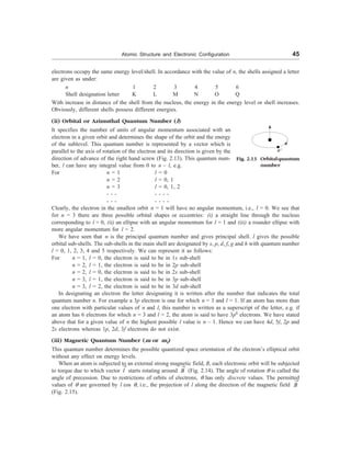 Atomic Structure and Electronic Configuration 45
electrons occupy the same energy level/shell. In accordance with the value of n, the shells assigned a letter
are given as under:
n 1 2 3 4 5 6
Shell designation letter K L M N O Q
With increase in distance of the shell from the nucleus, the energy in the energy level or shell increases.
Obviously, different shells possess different energies.
(ii) Orbital or Azimuthal Quantum Number (l)
It specifies the number of units of angular momentum associated with an
electron in a given orbit and determines the shape of the orbit and the energy
of the sublevel. This quantum number is represented by a vector which is
parallel to the axis of rotation of the electron and its direction is given by the
direction of advance of the right hand screw (Fig. 2.13). This quantum num-
ber, l can have any integral value from 0 to n – l, e.g.
For n = 1 l = 0
n = 2 l = 0, 1
n = 3 l = 0, 1, 2
- - - - - - -
- - - - - - -
Clearly, the electron in the smallest orbit n = 1 will have no angular momentum, i.e., l = 0. We see that
for n = 3 there are three possible orbital shapes or eccentries: (i) a straight line through the nucleus
corresponding to l = 0, (ii) an ellipse with an angular momentum for l = 1 and (iii) a rounder ellipse with
more angular momentum for l = 2.
We have seen that n is the principal quantum number and gives principal shell. l gives the possible
orbital sub-shells. The sub-shells in the main shell are designated by s, p, d, f, g and h with quantum number
l = 0, 1, 2, 3, 4 and 5 respectively. We can represent it as follows:
For n = 1, l = 0, the electron is said to be in 1s sub-shell
n = 2, l = 1, the electron is said to be in 2p sub-shell
n = 2, l = 0, the electron is said to be in 2s sub-shell
n = 3, l = 1, the electron is said to be in 3p sub-shell
n = 3, l = 2, the electron is said to be in 3d sub-shell
In designating an electron the letter designating it is written after the number that indicates the total
quantum number n. For example a 3p electron is one for which n = 3 and l = 1. If an atom has more than
one electron with particular values of n and l, this number is written as a superscript of the letter, e.g. if
an atom has 6 electrons for which n = 3 and l = 2, the atom is said to have 3p6
electrons. We have stated
above that for a given value of n the highest possible l value is n – 1. Hence we can have 4d, 5f, 2p and
2s electrons whereas 1p, 2d, 3f electrons do not exist.
(iii) Magnetic Quantum Number (m or ml)
This quantum number determines the possible quantized space orientation of the electron’s elliptical orbit
without any effect on energy levels.
When an atom is subjected to an external strong magnetic field, B, each electronic orbit will be subjected
to torque due to which vector
®
l starts rotating around
®
B (Fig. 2.14). The angle of rotation q is called the
angle of precession. Due to restrictions of orbits of electrons, q has only discrete values. The permitted
values of q are governed by l cos q, i.e., the projection of l along the direction of the magnetic field
®
B
(Fig. 2.15).
e–
Fig. 2.13 Orbitalquantum
number
 