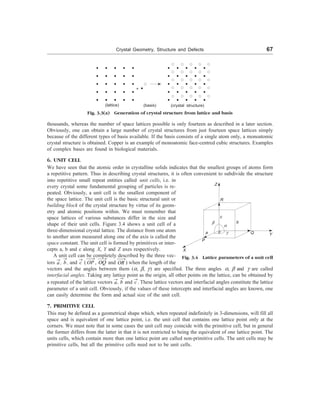 Crystal Geometry, Structure and Defects 67
(lattice) (crystal structure)
(basis)
Fig. 3.3(a) Generation of crystal structure from lattice and basis
thousands, whereas the number of space lattices possible is only fourteen as described in a later section.
Obviously, one can obtain a large number of crystal structures from just fourteen space lattices simply
because of the different types of basis available. If the basis consists of a single atom only, a monoatomic
crystal structure is obtained. Copper is an example of monoatomic face-centred cubic structures. Examples
of complex bases are found in biological materials.
6. UNIT CELL
We have seen that the atomic order in crystalline solids indicates that the smallest groups of atoms form
a repetitive pattern. Thus in describing crystal structures, it is often convenient to subdivide the structure
Z
X
Y
R
b
a
o g Q
P
Fig. 3.4 Lattice parameters of a unit cell
into repetitive small repeat entities called unit cells, i.e. in
every crystal some fundamental grouping of particles is re-
peated. Obviously, a unit cell is the smallest component of
the space lattice. The unit cell is the basic structural unit or
building block of the crystal structure by virtue of its geom-
etry and atomic positions within. We must remember that
space lattices of various substances differ in the size and
shape of their unit cells. Figure 3.4 shows a unit cell of a
three-dimensional crystal lattice. The distance from one atom
to another atom measured along one of the axis is called the
space constant. The unit cell is formed by primitives or inter-
cepts a, b and c along X, Y and Z axes respectively.
A unit cell can be completely described by the three vec-
tors a
®
, b
®
, and c
®
( OP
¾¾
®
, OQ
¾¾
®
and OR
¾¾
®
) when the length of the
vectors and the angles between them (a, b, g) are specified. The three angles a, b and g are called
interfacial angles. Taking any lattice point as the origin, all other points on the lattice, can be obtained by
a repeated of the lattice vectors a
®
, b
®
and c
®
. These lattice vectors and interfacial angles constitute the lattice
parameter of a unit cell. Obviously, if the values of these intercepts and interfacial angles are known, one
can easily determine the form and actual size of the unit cell.
7. PRIMITIVE CELL
This may be defined as a geometrical shape which, when repeated indefinitely in 3-dimensions, will fill all
space and is equivalent of one lattice point, i.e. the unit cell that contains one lattice point only at the
corners. We must note that in some cases the unit cell may coincide with the primitive cell, but in general
the former differs from the latter in that it is not restricted to being the equivalent of one lattice point. The
units cells, which contain more than one lattice point are called non-primitive cells. The unit cells may be
primitive cells, but all the primitive cells need not to be unit cells.
+
a
c
b
 