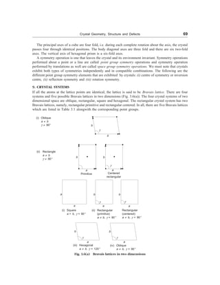 Crystal Geometry, Structure and Defects 69
The principal axes of a cube are four fold, i.e. during each complete rotation about the axis, the crystal
passes four through identical positions. The body diagonal axes are three fold and there are six two-fold
axes. The vertical axis of hexagonal prism is a six-fold axes.
A symmetry operation is one that leaves the crystal and its environment invariant. Symmetry operations
performed about a point or a line are called point group symmetry operations and symmetry operation
performed by translations as well are called space group symmetry operations. We must note that crystals
exhibit both types of symmetries independently and in compatible combinations. The following are the
different point group symmetry elements that are exhibited by crystals: (i) centre of symmetry or inversion
centre, (ii) reflection symmetry and (iii) rotation symmetry.
9. CRYSTAL SYSTEMS
If all the atoms at the lattice points are identical, the lattice is said to be Bravais lattice. There are four
systems and five possible Bravais lattices in two dimensions (Fig. 3.6(a)). The four crystal systems of two
dimensional space are oblique, rectangular, square and hexagonal. The rectangular crystal system has two
Bravais lattices, namely, rectangular primitive and rectangular centered. In all, there are five Bravais lattices
which are listed in Table 3.1 alongwith the corresponding point groups.
(i) Oblique
a ¹ b
g ¹ 90°
(ii) Rectangle
a ¹ b
g ¹ 90°
a b b
b
g
b
b b
a
Centered
rectangular
a
Primitive
b b
a a a
(i) Square
a = b, g = 90°
(ii) Rectangular
(primitive)
a ¹ b, g = 90°
Rectangular
(centered)
a ¹ b, g = 90°
g
g
a a
Fig. 3.6(a) Bravais lattices in two dimensions
(iii) Hexagonal
a ¹ b, g = 120°
(iv) Oblique
a ¹ b, g = 90°
g g
–g
 