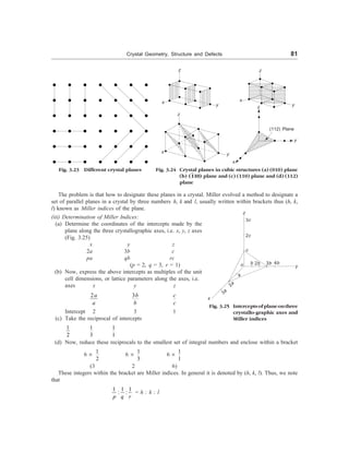 Crystal Geometry, Structure and Defects 81
z
x
y
z
x
y
z
x y
z
x
(112) Plane
y
Fig. 3.24 Crystal planes in cubic structures (a) (010) plane
(b) (110) plane and (c) (110) plane and (d) (112)
plane
Fig. 3.23 Different crystal planes
The problem is that how to designate these planes in a crystal. Miller evolved a method to designate a
set of parallel planes in a crystal by three numbers h, k and l, usually written within brackets thus (h, k,
l) known as Miller indices of the plane.
(iii) Determination of Miller Indices:
(a) Determine the coordinates of the intercepts made by the
plane along the three crystallographic axes, i.e. x, y, z axes
(Fig. 3.25)
x y z
2a 3b c
pa qb rc
(p = 2, q = 3, r = 1)
(b) Now, express the above intercepts as multiples of the unit
cell dimensions, or lattice parameters along the axes, i.e.
axes x y z
2a
a
3b
b
c
c
Intercept 2 3 1
(c) Take the reciprocal of intercepts
1
2
1
3
1
1
(d) Now, reduce these reciprocals to the smallest set of integral numbers and enclose within a bracket
6 ´
1
2
6 ´
1
3
6 ´
1
1
(3 2 6)
These integers within the bracket are Miller indices. In general it is denoted by (h, k, l). Thus, we note
that
1 1 1
: :
p q r
= h : k : l
z
3c
2c
c
o y
4b
3b
2b
b
3a
2a
a
Fig. 3.25 Interceptsofplaneonthree
crystallo-graphic axes and
Miller indices
x
 
