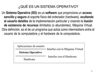 3
Aplicaciones de usuario
Interfaz con la Máquina Virtual
Sistema Operativo
Hardware
Interfaz con el Hardware
¿QUÉ ES UN SISTEMA OPERATIVO?
Un Sistema Operativo (SO) es un software que proporciona un acceso
sencillo y seguro al soporte físico del ordenador (hardware), ocultando
al usuario detalles de la implementación particular y creando la ilusión
de existencia de recursos ilimitados (o abundantes). Máquina Virtual.
Otra definición, es el de un programa que actúa como intermediario entre el
usuario de la computadora y el hardware de la computadora.
 