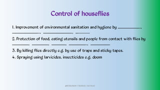 Control of houseflies
1. Improvement of environmental sanitation and hygiene by ………………………..,
…………………………….., ………………………………., …............
2. Protection of food, eating utensils and people from contact with flies by
…………………, …………………, ………………, ………………….., …………………….
3. By killing flies directly e.g. by use of traps and sticky tapes.
4. Spraying using larvicides, insecticides e.g. doom
@PETEROKION 778001502/ 758795415
 