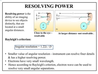 RESOLVING POWER
Close to the eye –
resolvable
At larger distance -not resolvable .
Rayleigh's criterion:
Angular resolution = 1.22λ / D
• Smaller value of angular resolution - instrument can resolve finer details
& has a higher resolving power.
• Electrons have very small wavelength.
• Hence according to Rayleigh's criterion, electron wave can be used to
resolve very small angular separations.
:
Resolving power is the
ability of an imaging
device to see objects
distinctly, that are
located at a small
angular distances.
 