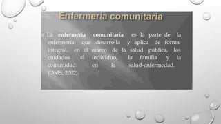  La enfermería comunitaria es la parte de la
enfermería que desarrolla y aplica de forma
integral,
cuidados
en el marco de la salud pública, los
la
al individuo, la familia y
comunidad
(OMS, 2002).
en la salud-enfermedad.
 
