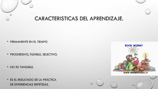 CARACTERISTICAS DEL APRENDIZAJE.
• PERMANENTE EN EL TIEMPO
• PROGRESIVO, FLEXIBLE, SELECTIVO.
• NO ES TANGIBLE.
• ES EL RESULTADO DE LA PRÁCTICA
DE EXPERIENCIAS REPETIDAS.
 