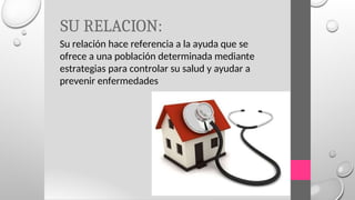 SU RELACION:
Su relación hace referencia a la ayuda que se
ofrece a una población determinada mediante
estrategias para controlar su salud y ayudar a
prevenir enfermedades
 