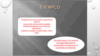 Programas de vacunación específicos
para la
prevención de las enfermedades
infectocontagiosas de la infancia:
sarampión,
tosferina, rubéola y poliomielitis,
otras.
entre
Uso del casco y el cinturón
de seguridad para la
prevención de lesiones en
accidentes de tránsito.
 
