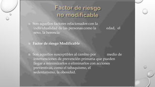  Son aquellos factores relacionados con la
individualidad de las personas como la
sexo, la herencia
edad, el
 Factor de riesgo Modificable
 Son aquellos susceptibles al cambio por medio de
intervenciones de prevención primaria que pueden
llegar a minimizarlos o eliminarlos con acciones
preventivas, como el tabaquismo, el
sedentarismo, la obesidad.
 
