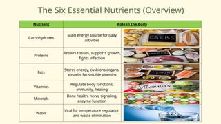The Six Essential Nutrients (Overview)
Nutrient Role in the Body
Carbohydrates
Main energy source for daily
activities
Proteins
Repairs tissues, supports growth,
fights infection
Fats
Stores energy, cushions organs,
absorbs fat-soluble vitamins
Vitamins
Regulate body functions,
immunity, healing
Minerals
Bone health, nerve signaling,
enzyme function
Water
Vital for temperature regulation
and waste elimination
 