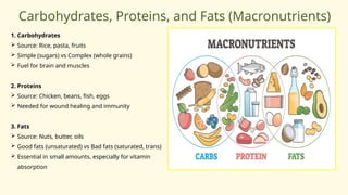 Carbohydrates, Proteins, and Fats (Macronutrients)
1. Carbohydrates
 Source: Rice, pasta, fruits
 Simple (sugars) vs Complex (whole grains)
 Fuel for brain and muscles
2. Proteins
 Source: Chicken, beans, fish, eggs
 Needed for wound healing and immunity
3. Fats
 Source: Nuts, butter, oils
 Good fats (unsaturated) vs Bad fats (saturated, trans)
 Essential in small amounts, especially for vitamin
absorption
 