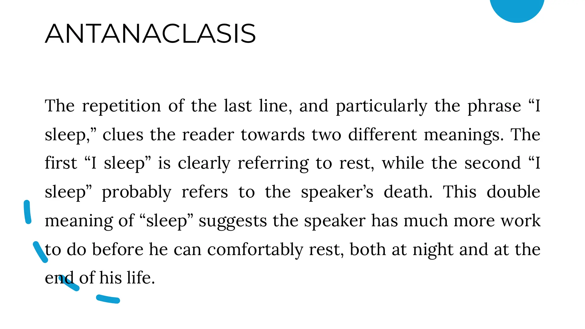 ANTANACLASIS
The repetition of the last line, and particularly the phrase “I
sleep,” clues the reader towards two different meanings. The
first “I sleep” is clearly referring to rest, while the second “I
sleep” probably refers to the speaker’s death. This double
meaning of “sleep” suggests the speaker has much more work
to do before he can comfortably rest, both at night and at the
end of his life.
 