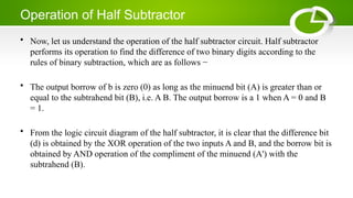Operation of Half Subtractor
• Now, let us understand the operation of the half subtractor circuit. Half subtractor
performs its operation to find the difference of two binary digits according to the
rules of binary subtraction, which are as follows −
• The output borrow of b is zero (0) as long as the minuend bit (A) is greater than or
equal to the subtrahend bit (B), i.e. A B. The output borrow is a 1 when A = 0 and B
= 1.
• From the logic circuit diagram of the half subtractor, it is clear that the difference bit
(d) is obtained by the XOR operation of the two inputs A and B, and the borrow bit is
obtained by AND operation of the compliment of the minuend (A') with the
subtrahend (B).
 