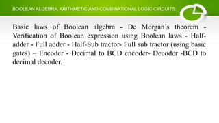 BOOLEAN ALGEBRA, ARITHMETIC AND COMBINATIONAL LOGIC CIRCUITS:
Basic laws of Boolean algebra - De Morgan’s theorem -
Verification of Boolean expression using Boolean laws - Half-
adder - Full adder - Half-Sub tractor- Full sub tractor (using basic
gates) – Encoder - Decimal to BCD encoder- Decoder -BCD to
decimal decoder.
 