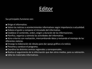Editor
Sus principales funciones son:
■ Dirige el informativo.
■ Valora las noticias o acontecimientos informativos según importancia o actualidad.
■ Elabora el guión y compone el minutado del informativo.
■ Establece el contenido, orden, origen y duración de las informaciones.
■ Planifica, organiza y controla las actividades del informativo.
■ Aúna criterios con realización, intercambiando ideas y revisando el montaje de las
diferentes noticias.
■ Encarga la elaboración de rótulos para dar apoyo gráfico a la noticia
■ Presenta y conduce el programa.
■ Coordina los distintos centros regionales y corresponsales.
■ Realiza el seguimiento de la información que dan otros medios, para su valoración.
■ Edita los materiales informativos.
 