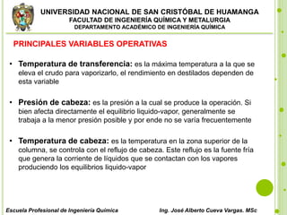 UNIVERSIDAD NACIONAL DE SAN CRISTÓBAL DE HUAMANGA
FACULTAD DE INGENIERÍA QUÍMICA Y METALURGIA
DEPARTAMENTO ACADÉMICO DE INGENIERÍA QUÍMICA
Escuela Profesional de Ingeniería Química Ing. José Alberto Cueva Vargas. MSc
PRINCIPALES VARIABLES OPERATIVAS
• Temperatura de transferencia: es la máxima temperatura a la que se
eleva el crudo para vaporizarlo, el rendimiento en destilados dependen de
esta variable
• Presión de cabeza: es la presión a la cual se produce la operación. Si
bien afecta directamente el equilibrio liquido-vapor, generalmente se
trabaja a la menor presión posible y por ende no se varía frecuentemente
• Temperatura de cabeza: es la temperatura en la zona superior de la
columna, se controla con el reflujo de cabeza. Este reflujo es la fuente fría
que genera la corriente de líquidos que se contactan con los vapores
produciendo los equilibrios liquido-vapor
 