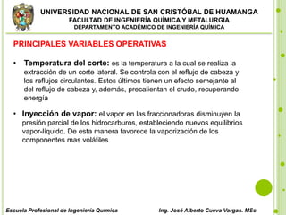UNIVERSIDAD NACIONAL DE SAN CRISTÓBAL DE HUAMANGA
FACULTAD DE INGENIERÍA QUÍMICA Y METALURGIA
DEPARTAMENTO ACADÉMICO DE INGENIERÍA QUÍMICA
Escuela Profesional de Ingeniería Química Ing. José Alberto Cueva Vargas. MSc
PRINCIPALES VARIABLES OPERATIVAS
• Temperatura del corte: es la temperatura a la cual se realiza la
extracción de un corte lateral. Se controla con el reflujo de cabeza y
los reflujos circulantes. Estos últimos tienen un efecto semejante al
del reflujo de cabeza y, además, precalientan el crudo, recuperando
energía
• Inyección de vapor: el vapor en las fraccionadoras disminuyen la
presión parcial de los hidrocarburos, estableciendo nuevos equilibrios
vapor-líquido. De esta manera favorece la vaporización de los
componentes mas volátiles
 