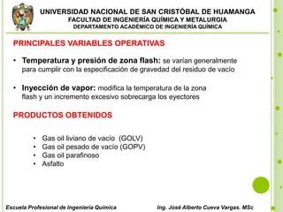 UNIVERSIDAD NACIONAL DE SAN CRISTÓBAL DE HUAMANGA
FACULTAD DE INGENIERÍA QUÍMICA Y METALURGIA
DEPARTAMENTO ACADÉMICO DE INGENIERÍA QUÍMICA
Escuela Profesional de Ingeniería Química Ing. José Alberto Cueva Vargas. MSc
PRINCIPALES VARIABLES OPERATIVAS
• Temperatura y presión de zona flash: se varían generalmente
para cumplir con la especificación de gravedad del residuo de vacío
• Inyección de vapor: modifica la temperatura de la zona
flash y un incremento excesivo sobrecarga los eyectores
PRODUCTOS OBTENIDOS
• Gas oil liviano de vacío (GOLV)
• Gas oil pesado de vacío (GOPV)
• Gas oil parafinoso
• Asfalto
 