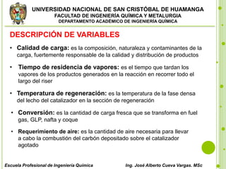 UNIVERSIDAD NACIONAL DE SAN CRISTÓBAL DE HUAMANGA
FACULTAD DE INGENIERÍA QUÍMICA Y METALURGIA
DEPARTAMENTO ACADÉMICO DE INGENIERÍA QUÍMICA
Escuela Profesional de Ingeniería Química Ing. José Alberto Cueva Vargas. MSc
DESCRIPCIÓN DE VARIABLES
• Calidad de carga: es la composición, naturaleza y contaminantes de la
carga, fuertemente responsable de la calidad y distribución de productos
• Tiempo de residencia de vapores: es el tiempo que tardan los
vapores de los productos generados en la reacción en recorrer todo el
largo del riser
• Temperatura de regeneración: es la temperatura de la fase densa
del lecho del catalizador en la sección de regeneración
• Conversión: es la cantidad de carga fresca que se transforma en fuel
gas, GLP, nafta y coque
• Requerimiento de aire: es la cantidad de aire necesaria para llevar
a cabo la combustión del carbón depositado sobre el catalizador
agotado
 