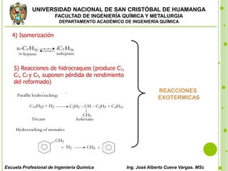UNIVERSIDAD NACIONAL DE SAN CRISTÓBAL DE HUAMANGA
FACULTAD DE INGENIERÍA QUÍMICA Y METALURGIA
DEPARTAMENTO ACADÉMICO DE INGENIERÍA QUÍMICA
Escuela Profesional de Ingeniería Química Ing. José Alberto Cueva Vargas. MSc
4) Isomerización
5) Reacciones de hidrocraqueo (produce C1,
C2, C3 y C4, suponen pérdida de rendimiento
del reformado)
REACCIONES
EXOTERMICAS
 