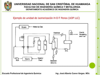 UNIVERSIDAD NACIONAL DE SAN CRISTÓBAL DE HUAMANGA
FACULTAD DE INGENIERÍA QUÍMICA Y METALURGIA
DEPARTAMENTO ACADÉMICO DE INGENIERÍA QUÍMICA
Escuela Profesional de Ingeniería Química Ing. José Alberto Cueva Vargas. MSc
Ejemplo de unidad de isomerización H-O-T Penex (UOP LLC)
 