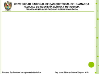 UNIVERSIDAD NACIONAL DE SAN CRISTÓBAL DE HUAMANGA
FACULTAD DE INGENIERÍA QUÍMICA Y METALURGIA
DEPARTAMENTO ACADÉMICO DE INGENIERÍA QUÍMICA
Escuela Profesional de Ingeniería Química Ing. José Alberto Cueva Vargas. MSc
 