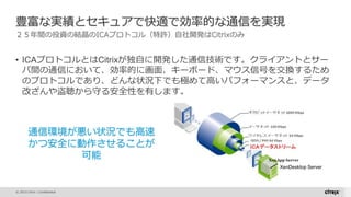 © 2015 Citrix | Confidential
豊富な実績とセキュアで快適で効率的な通信を実現
２５年間の投資の結晶のICAプロトコル（特許）自社開発はCitrixのみ
• ICAプロトコルとはCitrixが独自に開発した通信技術です。クライアントとサー
バ間の通信において、効率的に画面、キーボード、マウス信号を交換するため
のプロトコルであり、どんな状況下でも極めて高いパフォーマンスと、データ
改ざんや盗聴から守る安全性を有します。
通信環境が悪い状況でも高速
かつ安全に動作させることが
可能
XenDesktop Server
 