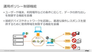 © 2015 Citrix | Confidential
• ユーザーや端末、利用場所などの条件に応じて、データの持ち出し
を制御する機能を装備
• 接続デバイスやネットワークを認識し、最適な操作レスポンスを提
供するために使用帯域を制限する機能を装備
運用ポリシー制御機能
Save
Print
Copy
ポリシー
X XX
Citrix Receiver
 