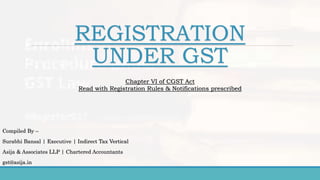 REGISTRATION
UNDER GST
Compiled By –
Surabhi Bansal | Executive | Indirect Tax Vertical
Asija & Associates LLP | Chartered Accountants
gst@asija.in
Chapter VI of CGST Act
Read with Registration Rules & Notifications prescribed
 