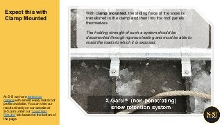 Expect this with
Clamp Mounted
With clamp mounted, the sliding force of the snow is
transferred to the clamp and then into the roof panels
themselves.
The holding strength of such a system should be
documented through rigorous testing and must be able to
resist the loads to which it is exposed.
At S-5! we have tested our
clamps with almost every metal roof
profile available. You can view our
results directly on our website at
S-5.com under our “Load Test
Results” tab located at the bottom of
the page.
 