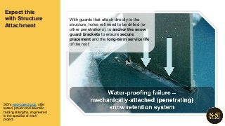 Expect this
with Structure
Attachment ----
With guards that attach directly to the
structure, holes will need to be drilled (or
other penetrations), to anchor the snow
guard brackets to ensure secure
placement and the long-term service life
of the roof.
S-5!’s web-based tools, offer
tested, proven and scientific
holding strengths, engineered
to the specifics of each
project.
 