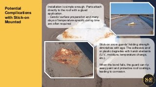 Potential
Complications
with Stick-on
Mounted
Installation is simple enough. Parts attach
directly to the roof with a glued
application.
- Careful surface preparation and many
days of temperature-specific curing time
are often required.
Stick-on snow guards’ holding strength
diminishes with age. The adhesive and/
or plastic degrades with harsh elements
(U.V., moisture, temperature change,
etc.).
When the bond fails, the guard can rip
away paint and protective roof coatings,
leading to corrosion.
 