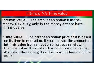 Intrinsic V/s Time Value
Intrinsic Value — The amount an option is in-the-
money. Obviously, only in-the-money options hav...